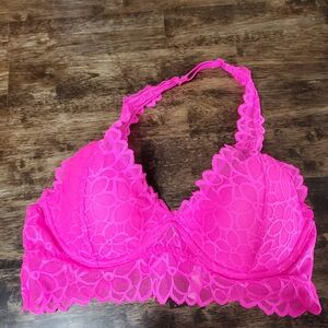 Pink Lace Halter Bra with Scalloped Trim